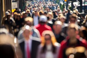 Busy city sidewalk with many people walking